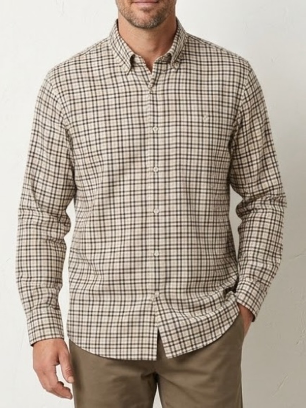 Orvis Skyline Men’s Long-Sleeve Plaid Button-Down Shirt in Cream and Green